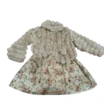 Elegant Floral Dress with Plush Fur Jacket Set – Beige