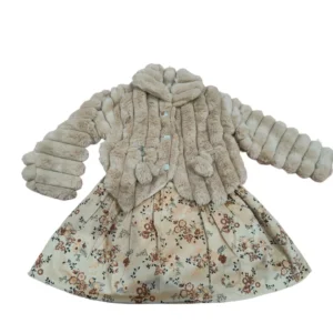 Elegant Floral Dress with Plush Fur Jacket Set – Beige
