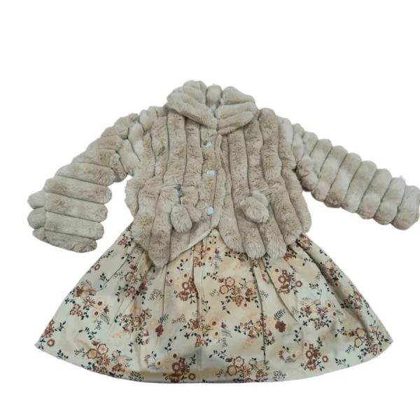 imgi_37_589434761_17848747317603516_2100713982591228096_n Elegant Floral Dress with Plush Fur Jacket Set – Beige